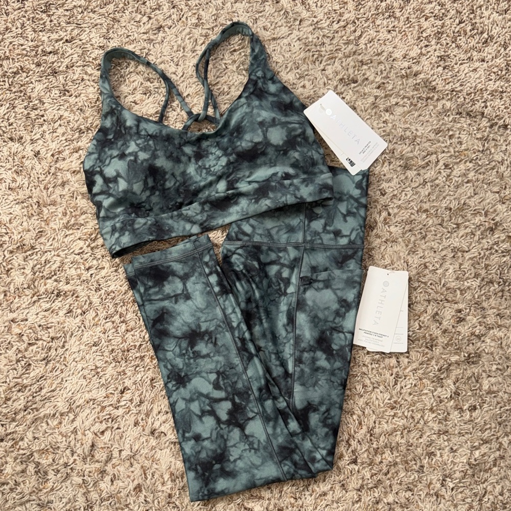Athleta Teal & Black Tie-Dye Sports Bra and Leggings Set
